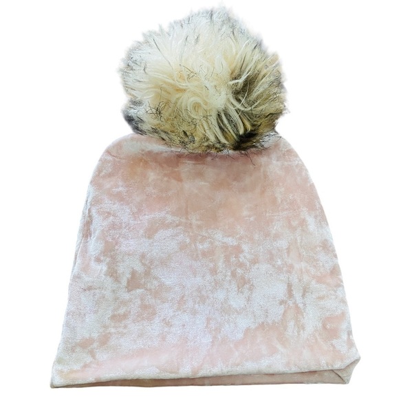 The Minted Moose Blush Pink Crushed Velvet Beanie Hat Faux Fur Pom Pom - Picture 1 of 6